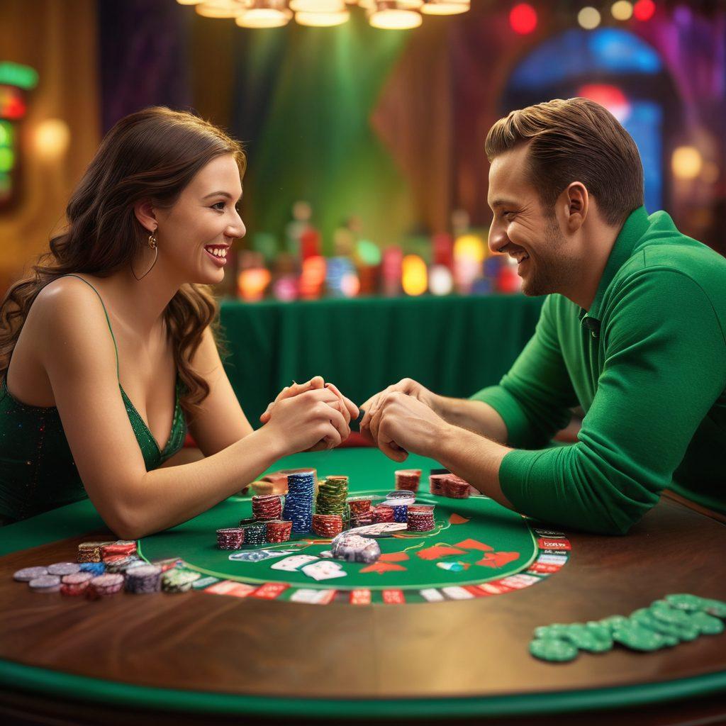 A couple sitting at a green felt poker table, smiling and holding hands while playing cards, surrounded by colorful casino chips and a backdrop of soft, dimmed lights. The atmosphere is lively yet intimate, with hints of laughter and competitive spirit. Include hearts and dice subtly integrated into the design to symbolize love and chance. vibrant colors. super-realistic.