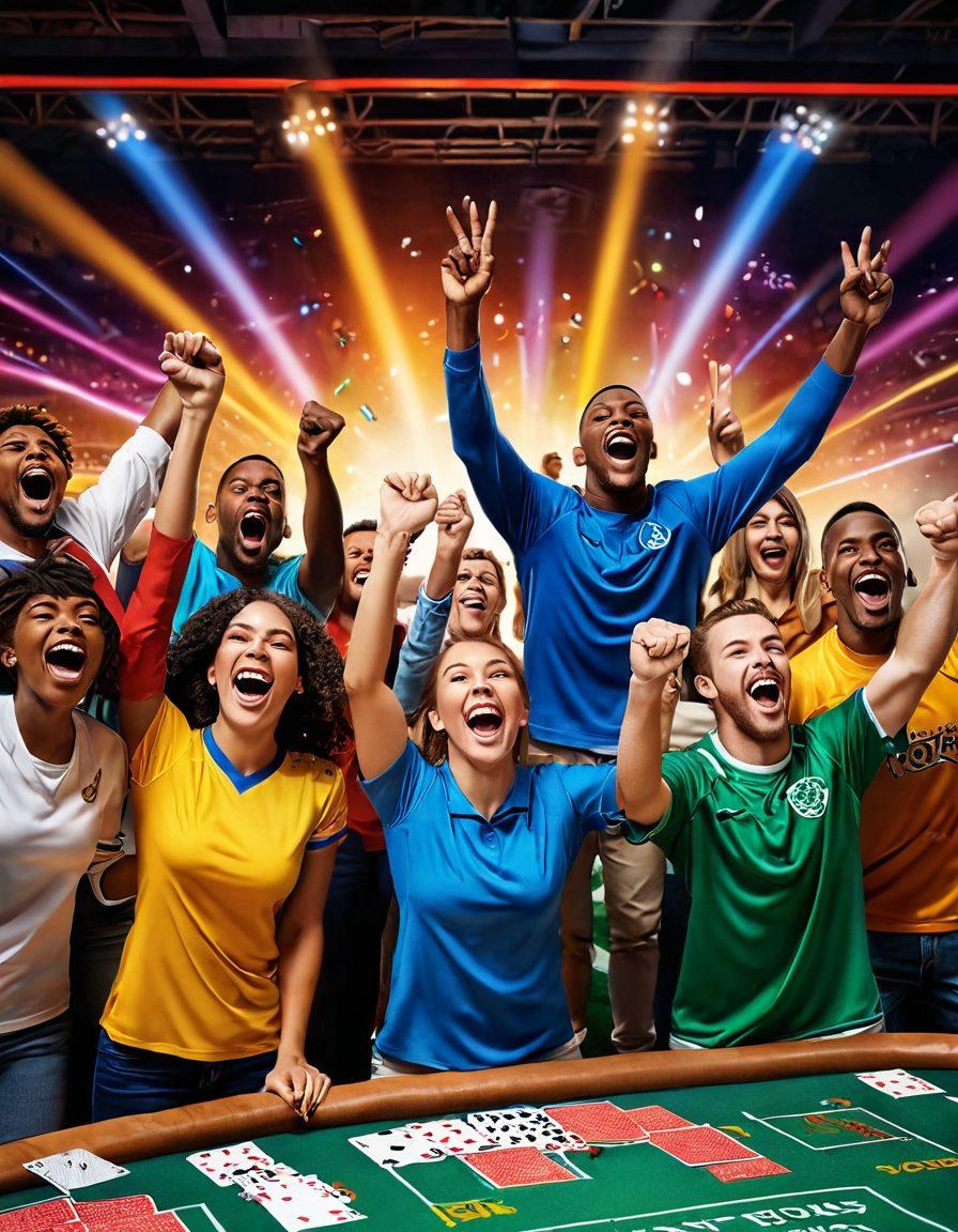 A dynamic scene showcasing a diverse group of passionate individuals cheering for their favorite sports teams, surrounded by vibrant colors and exciting sports memorabilia. Include elements symbolizing betting, like playing cards or betting slips, seamlessly integrated into the atmosphere of a lively stadium. Capture the thrill of victory with expressions of joy, filled with energy and camaraderie. super-realistic. vibrant colors. 3D.