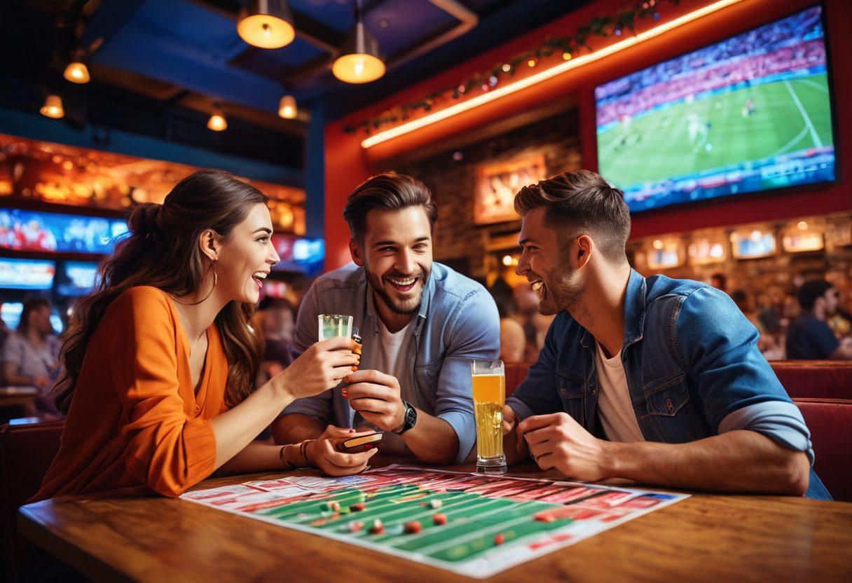 A playful couple in a vibrant sports bar, holding drinks while engaged in animated discussions about various sports games. There are colorful betting slips on the table and a large screen showing a live match in the background. The atmosphere is lively, with friends cheering and colorful decorations. Bright lighting adds excitement, symbolizing the thrill of betting and love intertwined. vibrant colors. super-realistic. energetic ambiance.